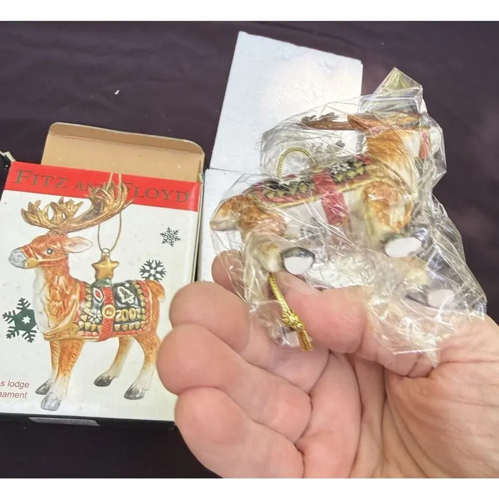 New Fitz and Floyd 2002 Reindeer Christmas Ornament Hand Painted Ceramic -46D